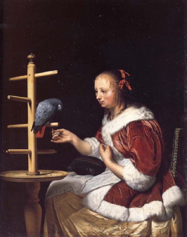 MIERIS, Frans van, the Elder A Woman in a Red Jacket Feeding a Parrot France oil painting art